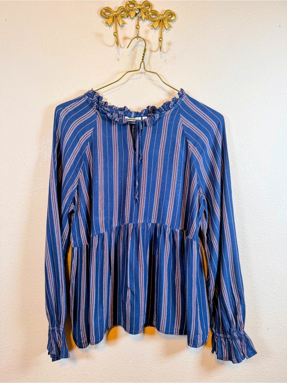 Wonderly Blue and Burgundy Striped Ruffle Neck Peplum Blouse. Size L